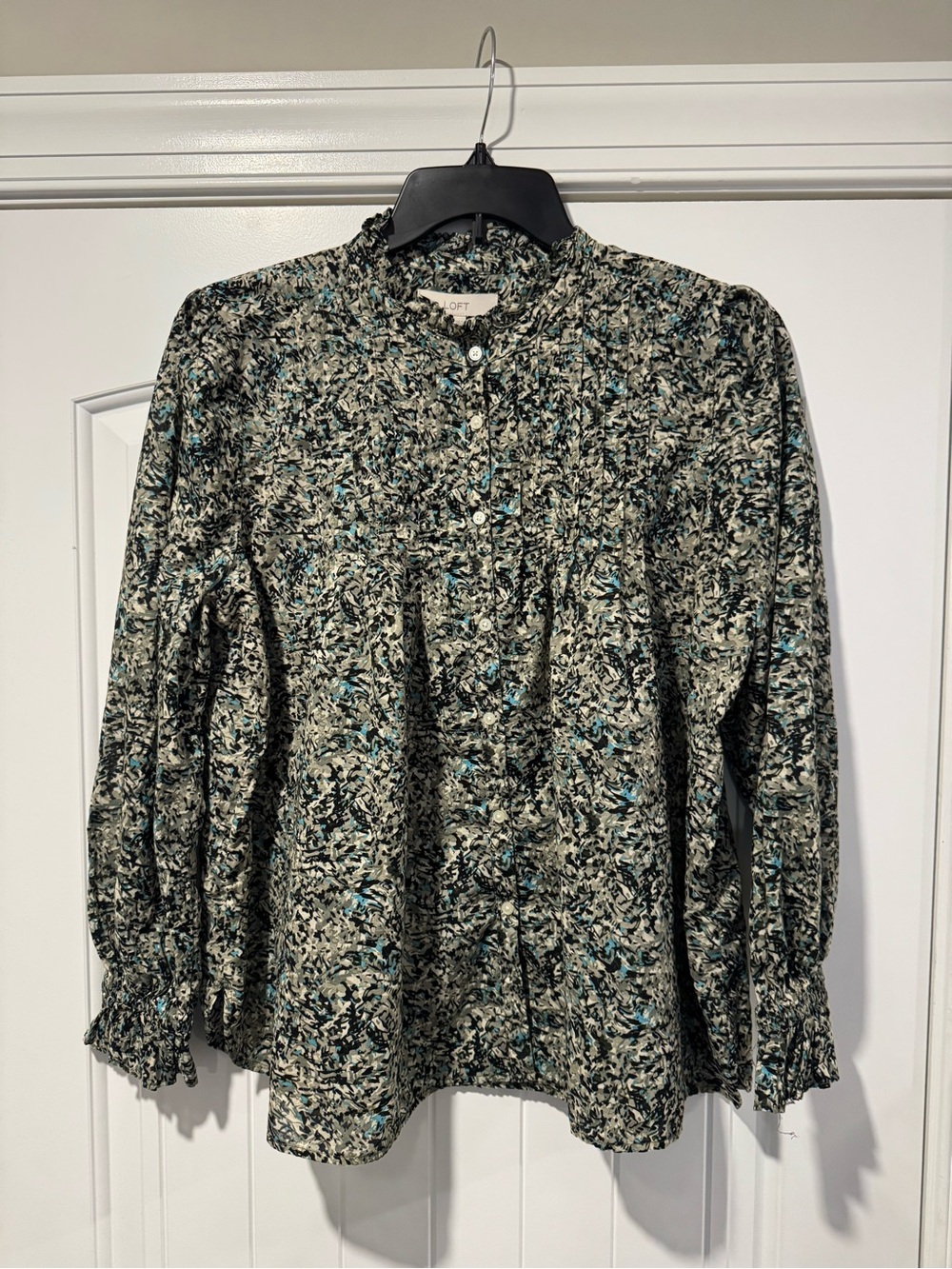 LOFT Black, Teal and Cream Floral Pintuck Ruffle-Neck Blouse
